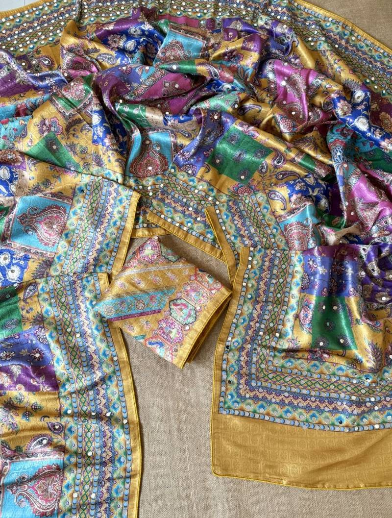 yellow digital printed and mirror dola silk saree