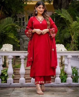 Ruby red embroidered ethnic kurta pant dupatta set for festive & party wear collection 1