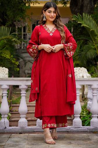 Ruby red embroidered ethnic kurta pant dupatta set for festive & party wear collection