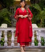 Ruby red embroidered ethnic kurta pant dupatta set for festive & party wear collection