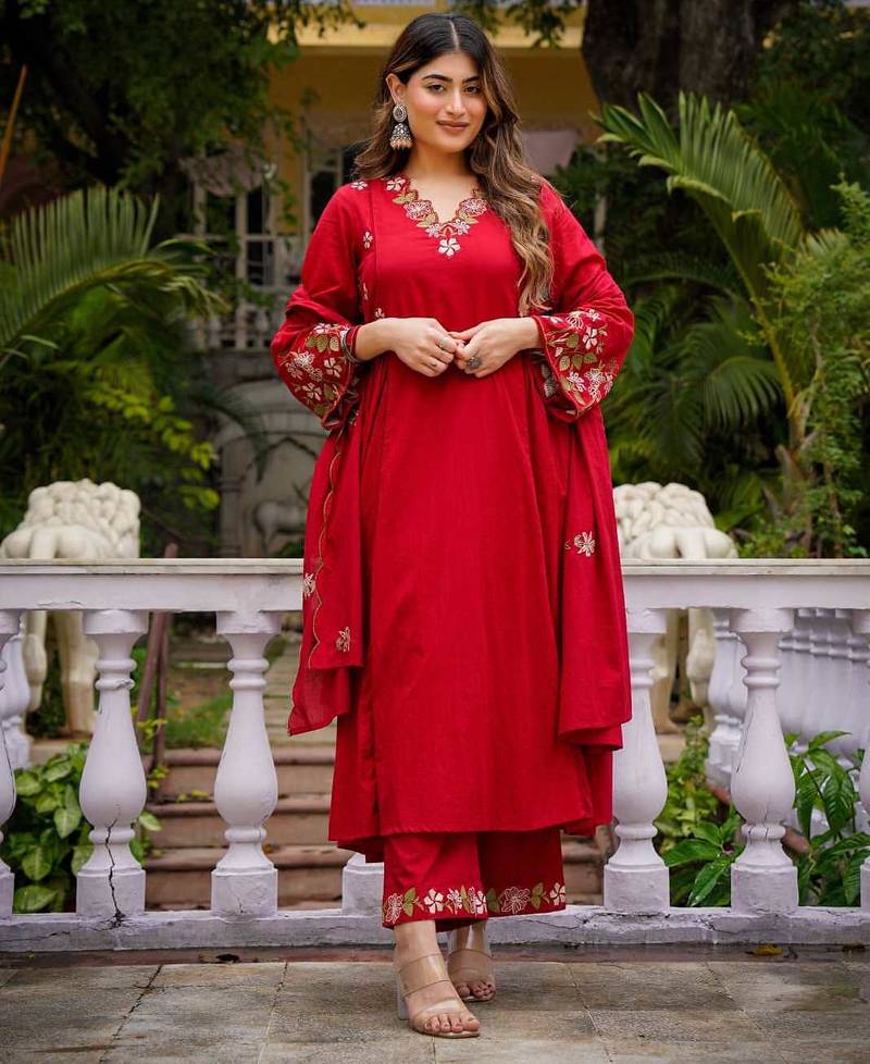 Ruby red embroidered ethnic kurta pant dupatta set for festive & party wear collection