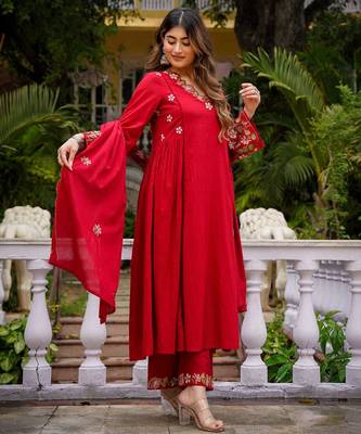 Ruby red embroidered ethnic kurta pant dupatta set for festive & party wear collection 2