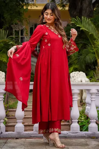 Ruby red embroidered ethnic kurta pant dupatta set for festive & party wear collection