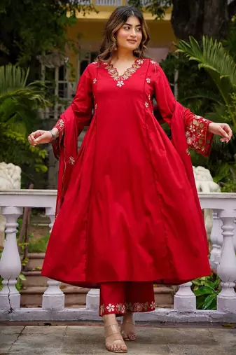 Ruby red embroidered ethnic kurta pant dupatta set for festive & party wear collection