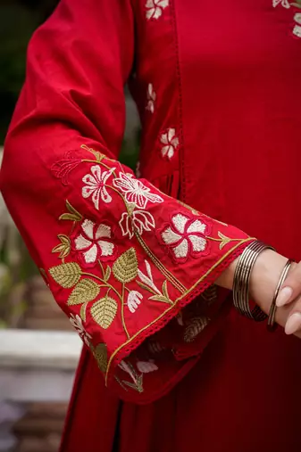 Ruby red embroidered ethnic kurta pant dupatta set for festive & party wear collection