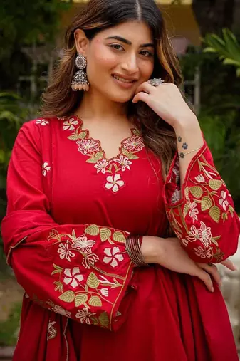 Ruby red embroidered ethnic kurta pant dupatta set for festive & party wear collection