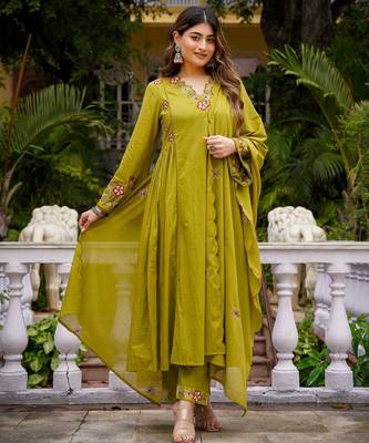 Olive green floral embroidered anarkali kurta pant dupatta set for festive ethnic wear 1