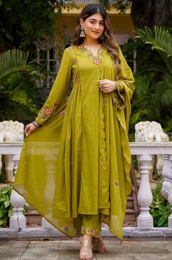 Olive green floral embroidered anarkali kurta pant dupatta set for festive ethnic wear