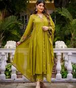 Olive green floral embroidered anarkali kurta pant dupatta set for festive ethnic wear