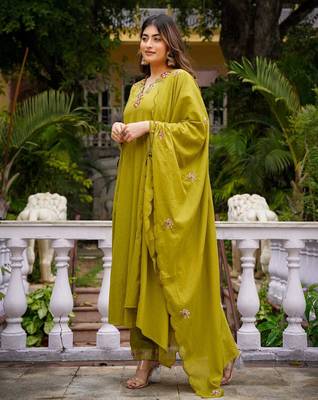 Olive green floral embroidered anarkali kurta pant dupatta set for festive ethnic wear 2