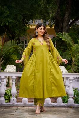 Olive green floral embroidered anarkali kurta pant dupatta set for festive ethnic wear 3