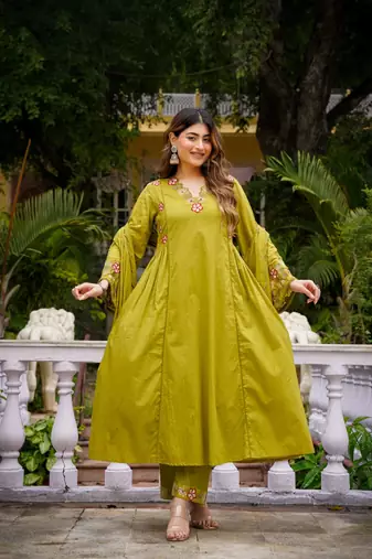 Olive green floral embroidered anarkali kurta pant dupatta set for festive ethnic wear
