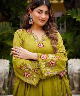 Olive green floral embroidered anarkali kurta pant dupatta set for festive ethnic wear 5
