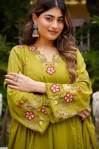 Olive green floral embroidered anarkali kurta pant dupatta set for festive ethnic wear