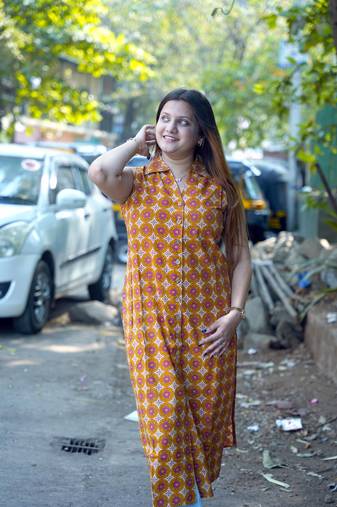mustard hand printed cotton long kurti
