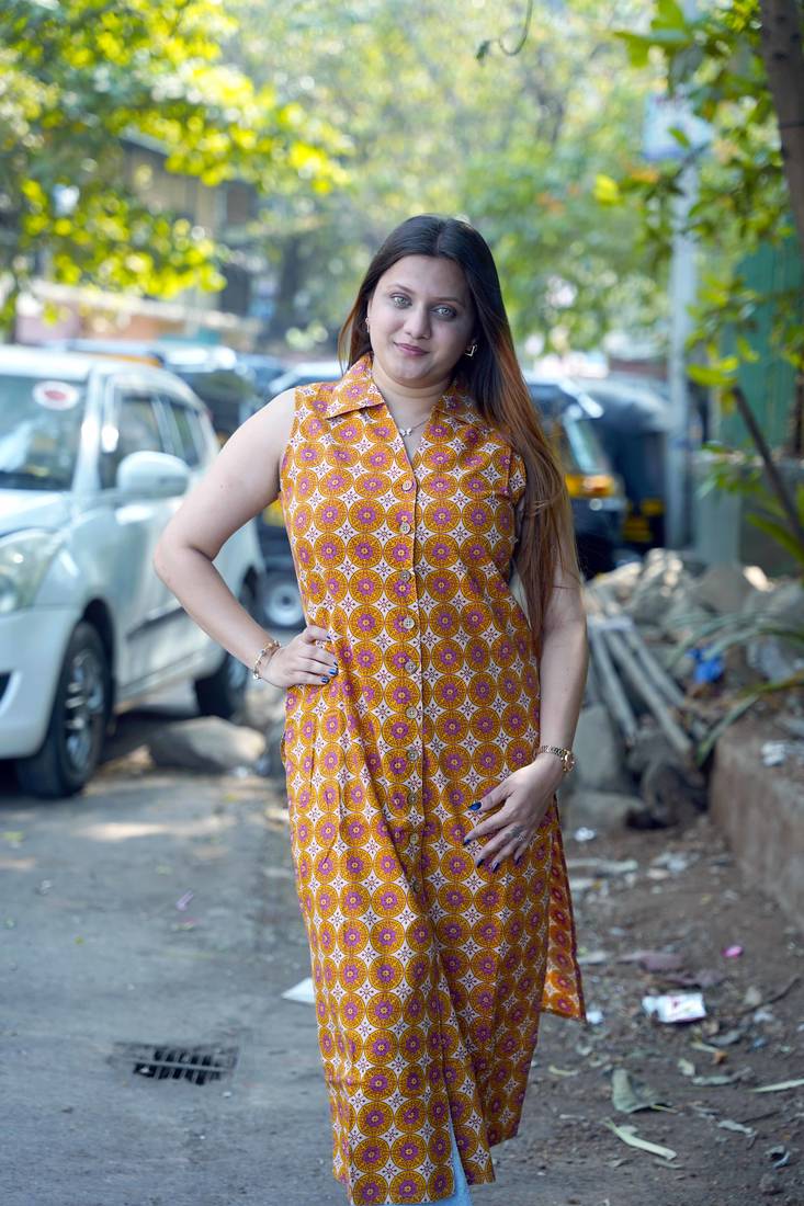 mustard hand printed cotton long kurti