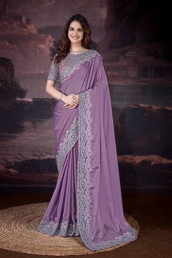 Purple silk blend Embroidery Sequin work Saree with Unstitched Blouse Piece