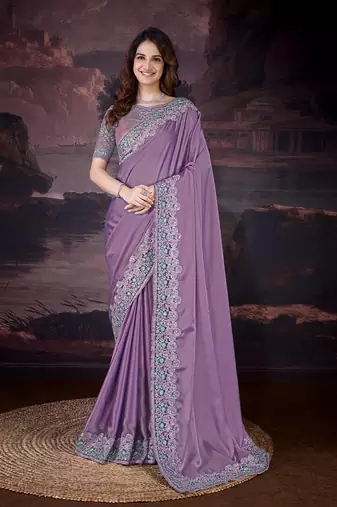 Purple silk blend Embroidery Sequin work Saree with Unstitched Blouse Piece