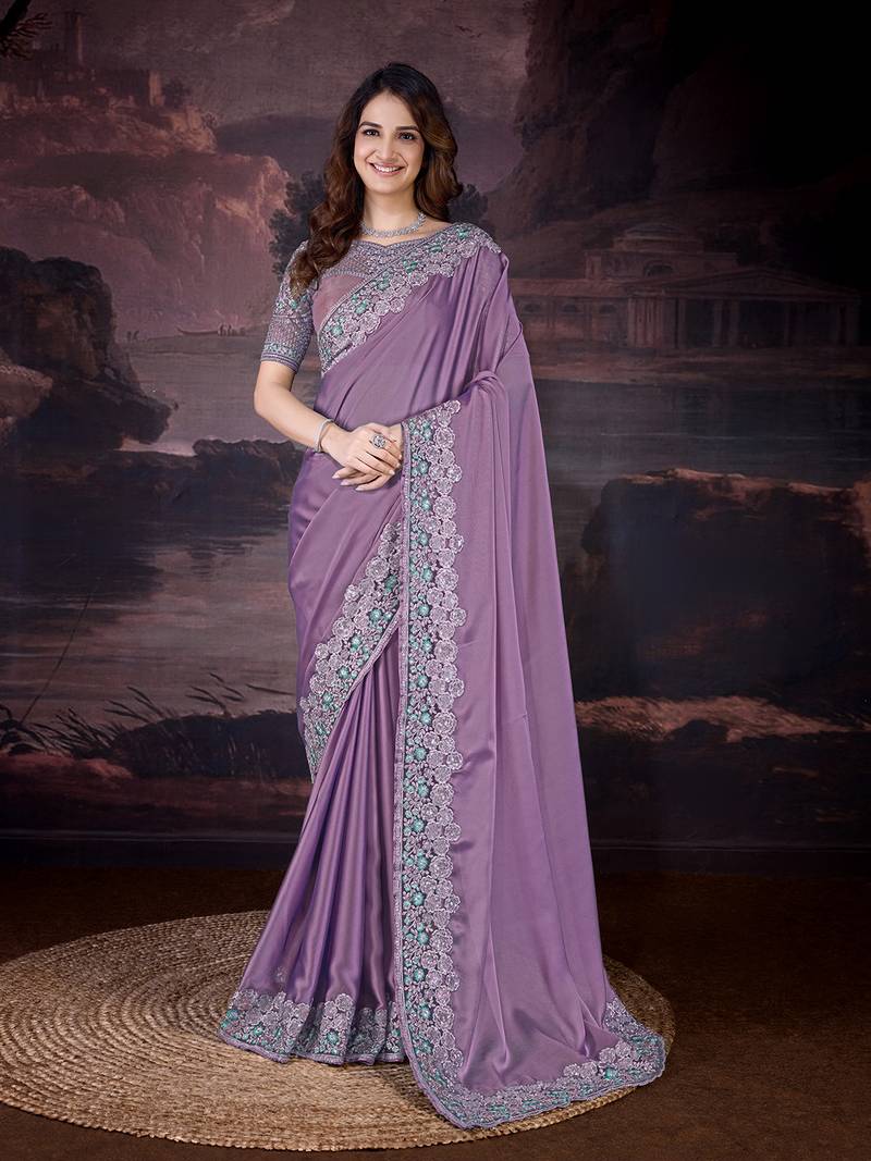 Purple silk blend Embroidery Sequin work Saree with Unstitched Blouse Piece