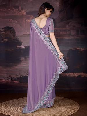 Purple silk blend Embroidery Sequin work Saree with Unstitched Blouse Piece 2