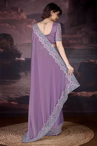 Purple silk blend Embroidery Sequin work Saree with Unstitched Blouse Piece