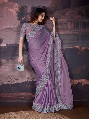 Purple silk blend Embroidery Sequin work Saree with Unstitched Blouse Piece 3