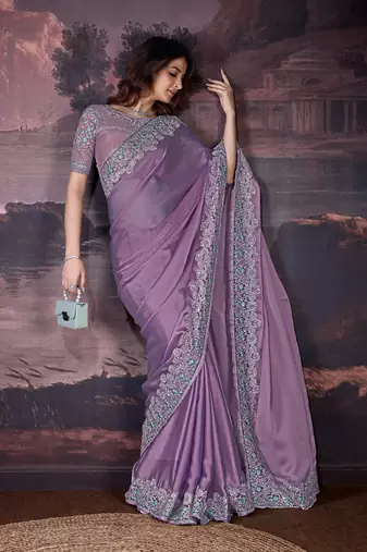 Purple silk blend Embroidery Sequin work Saree with Unstitched Blouse Piece