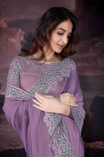 Purple silk blend Embroidery Sequin work Saree with Unstitched Blouse Piece