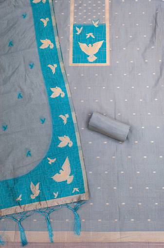 Grey muga cotton jamdani suit dress material with dupatta