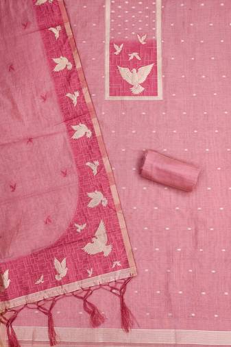 Pink muga cotton jamdani suit dress material with dupatta