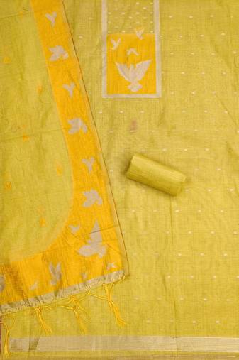 Yellow muga cotton jamdani suit dress material with dupatta