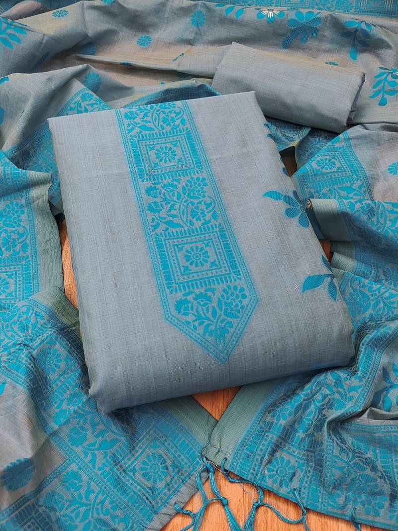 Grey jamdani silk blend dress material