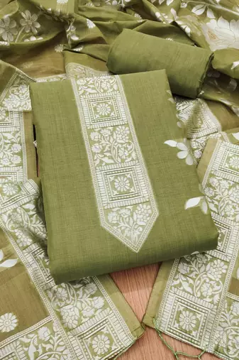 Light mehendi jamdani silk blend dress material