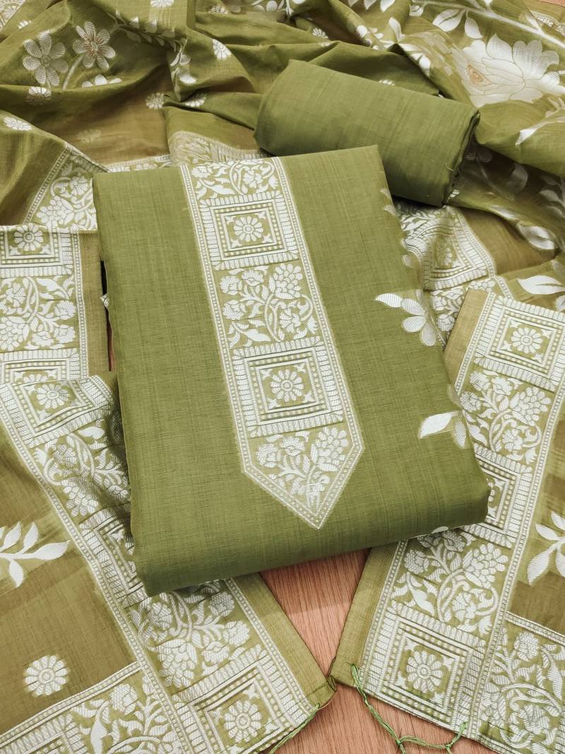 Light mehendi jamdani silk blend dress material