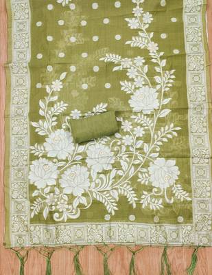 Light mehendi jamdani silk blend dress material 4