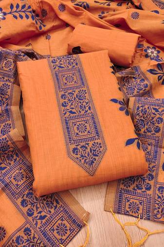 Orange jamdani silk blend dress material