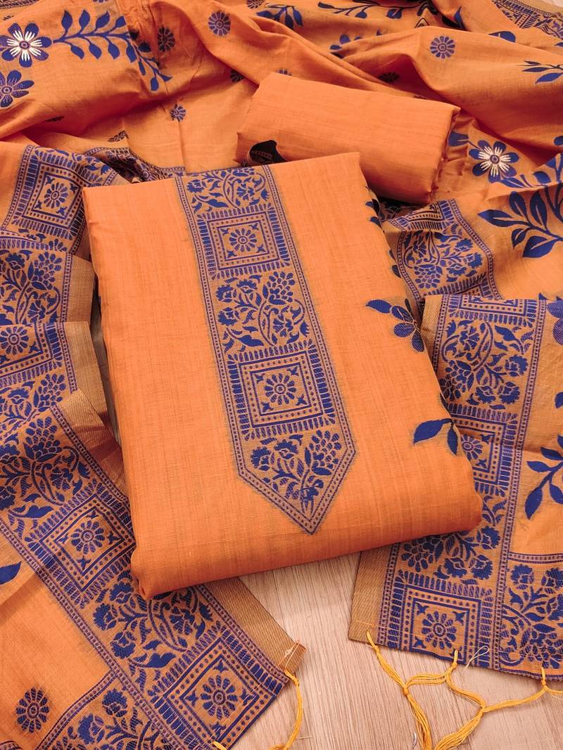 Orange jamdani silk blend dress material