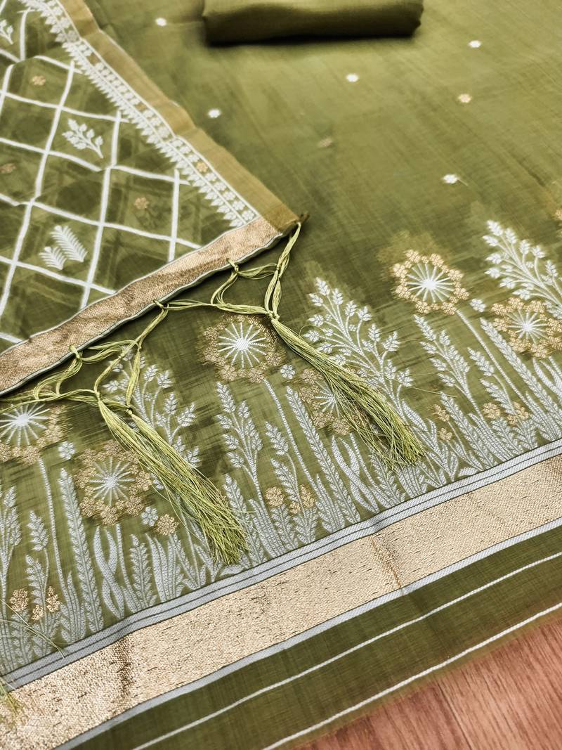 Mehendi jamdani silk blend dress material