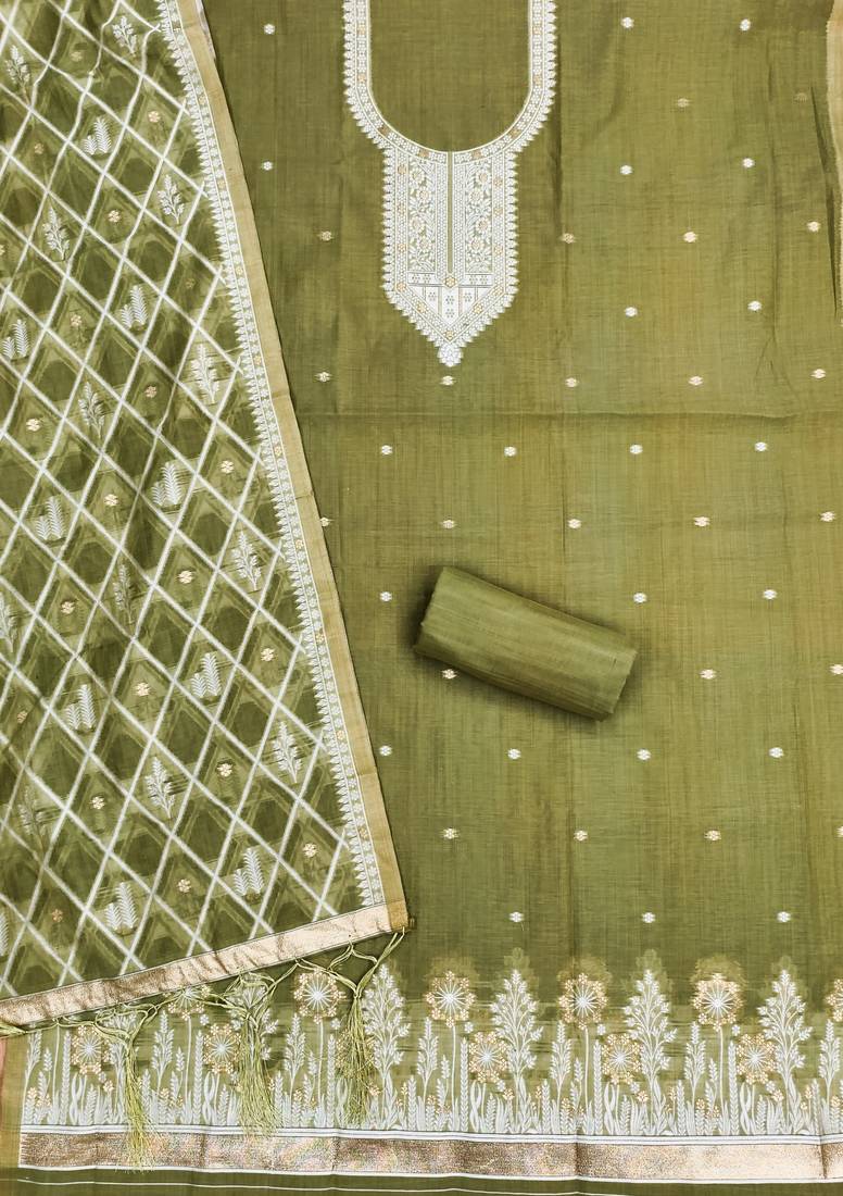 Mehendi jamdani silk blend dress material