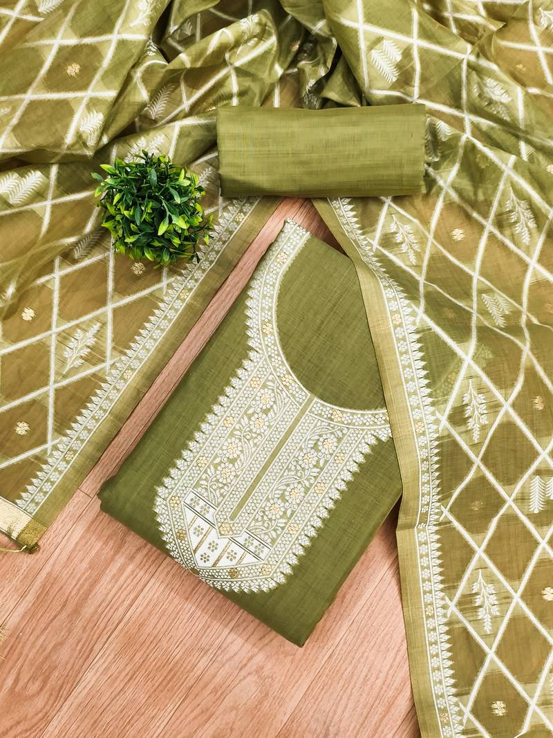 Mehendi jamdani silk blend dress material