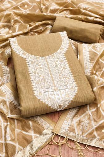 Chikoo jamdani silk blend dress material