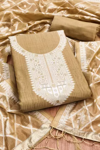 Chikoo jamdani silk blend dress material