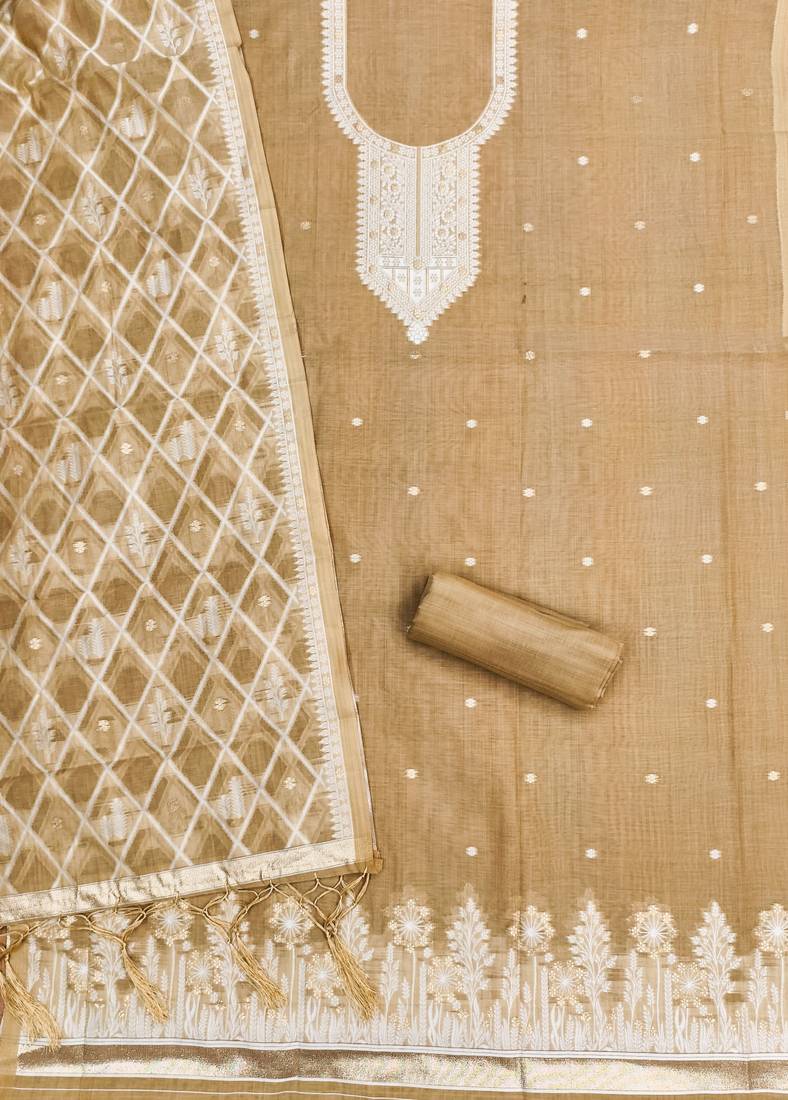 Chikoo jamdani silk blend dress material