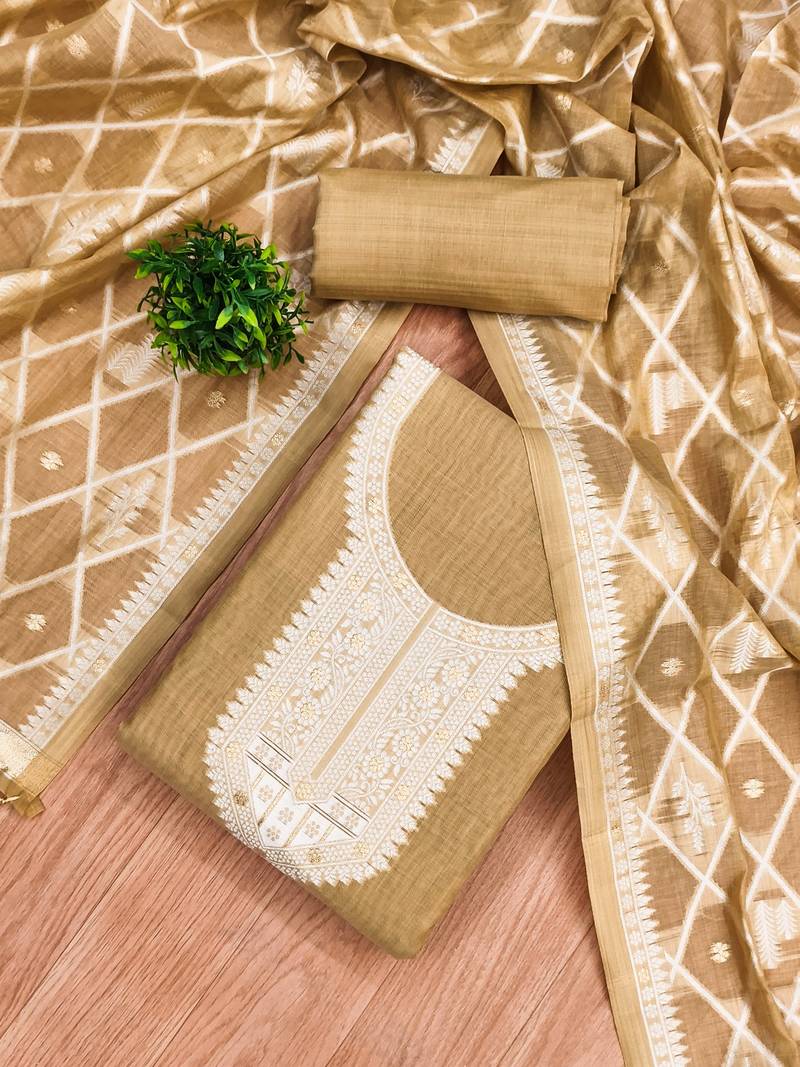 Chikoo jamdani silk blend dress material