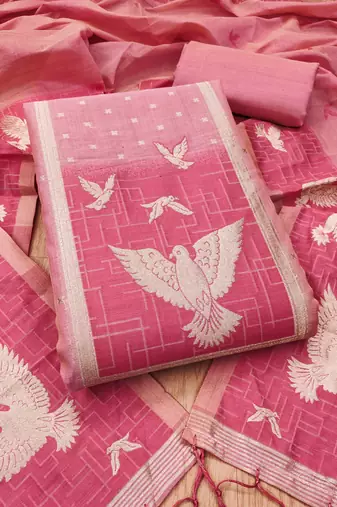 Pink jamdani silk blend dress material
