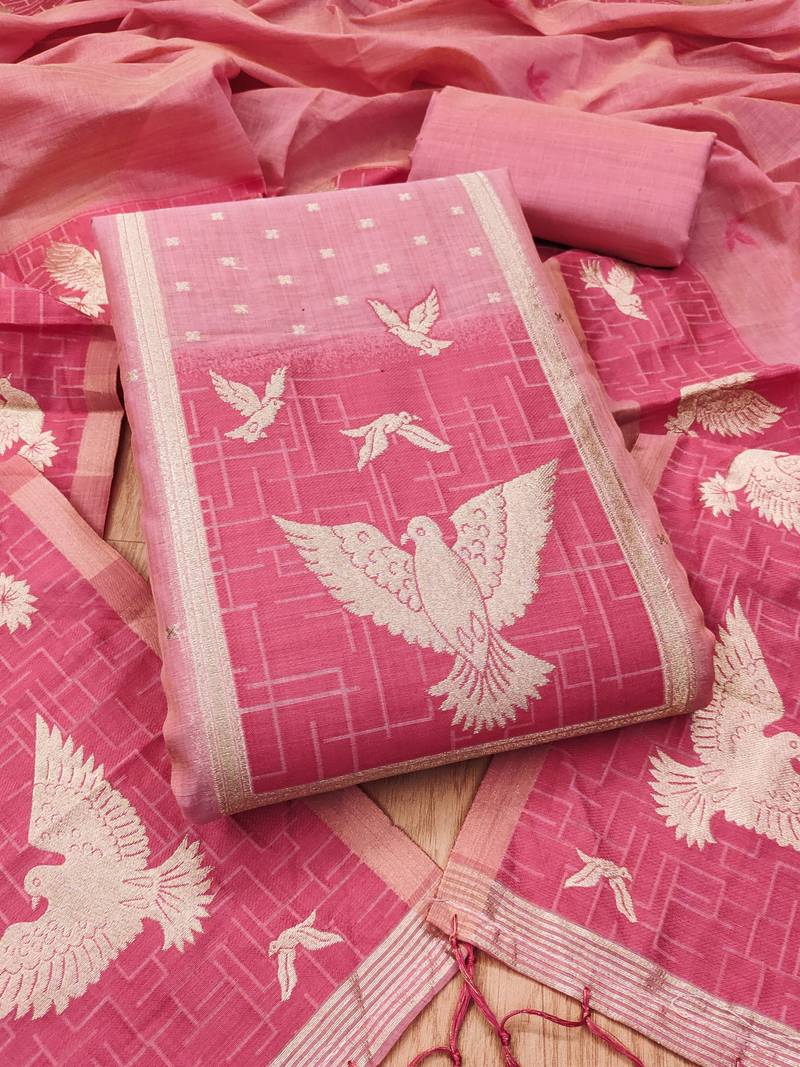 Pink jamdani silk blend dress material