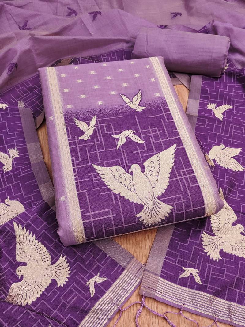 Purple jamdani silk blend dress material