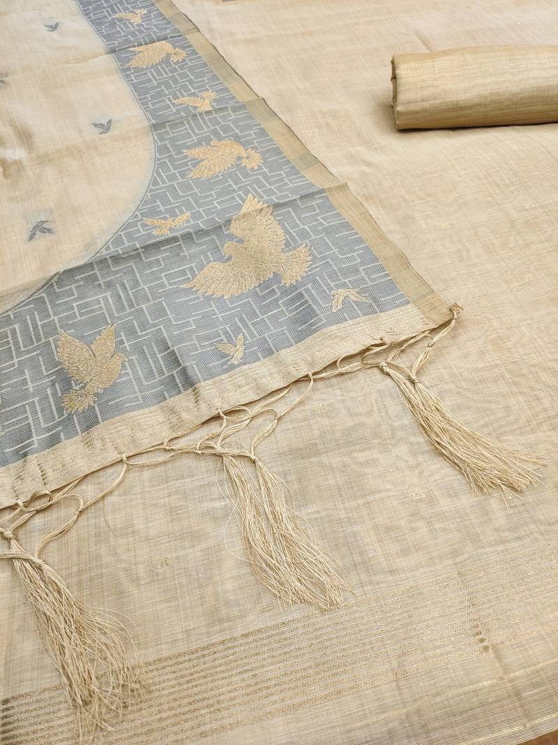 Cream jamdani silk blend dress material