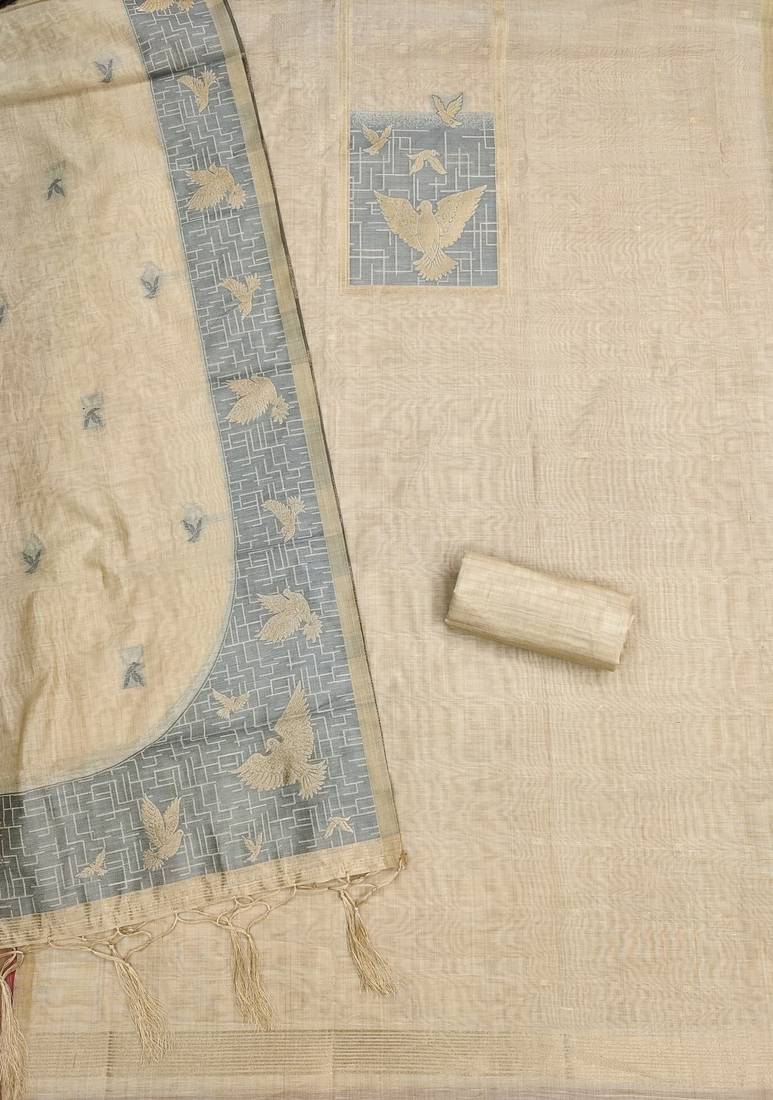 Cream jamdani silk blend dress material