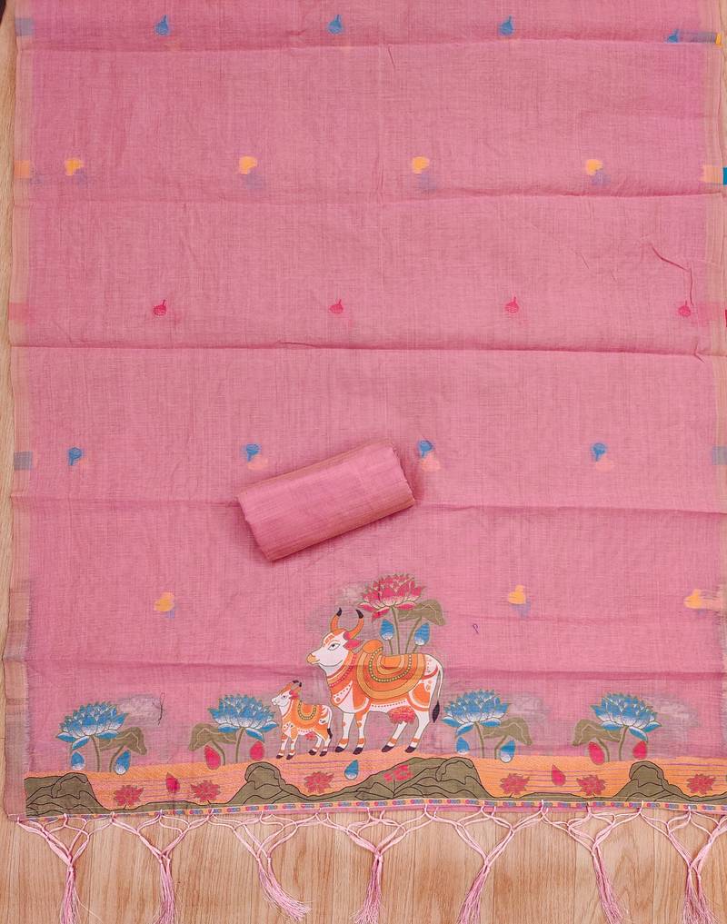 Pink jamdani silk blend dress material